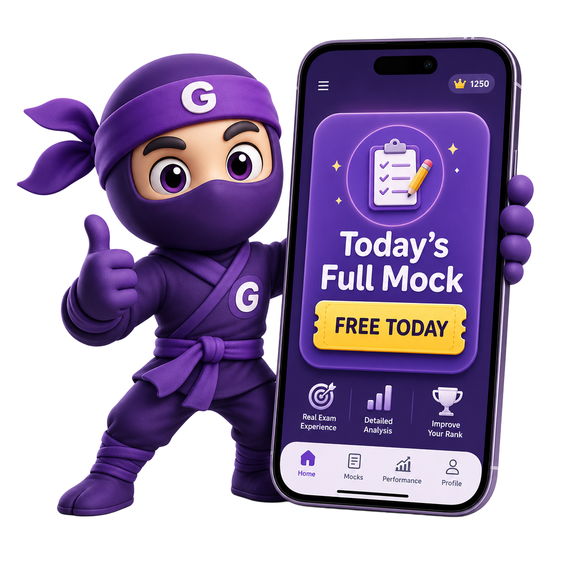 GRONTO ninja mascot beside a phone showing today's free mock test